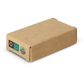 A rectangular, brown cardboard box made from recycled materials, featuring a small logo and recycling symbols.