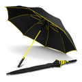 A black umbrella with yellow accents, featuring a collapsible design and a logo on the handle.