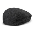 A flat cap in grey herringbone pattern with a structured design and a small logo.