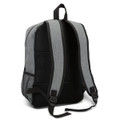 A grey and black backpack with padded straps and mesh side pockets, featuring a logo.
