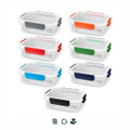 A set of seven transparent lunch boxes with colourful secure clips in red, blue, green, black, and orange.