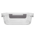 A clear lunch box with a grey handle, featuring a secure lid for storage. It has a simple, modern design.