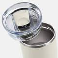 A drink bottle with a stainless steel body, featuring a clear lid and a white push button. It has a sleek design.