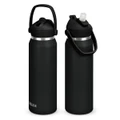 A drink bottle in matte black featuring a flip straw lid and a handle, with a logo present.