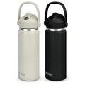 A drink bottle set featuring a light beige and a black colour option, both with a flip straw and carry handle.