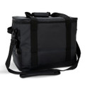 A black cooler bag with sturdy handles and a removable shoulder strap, featuring a logo on the front.
