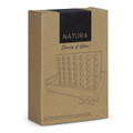 A boxed wooden four-in-a-row game, featuring natural tones, with round pieces and a branding logo.