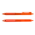 Two orange Flow Gel Pens are positioned parallel, featuring textured grips and clip attachments.