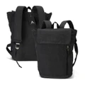A black canvas backpack with adjustable straps and a front zipper pocket. It features a logo on the tag.