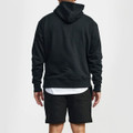 A black hoodie featuring a back view, paired with black shorts, and includes a logo on the garment.