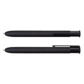 A set of black metal pens, featuring a sleek design and a clip for easy attachment. Branding is visible on the pen.