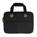 A black laptop bag featuring sturdy handles and a zippered pocket on the back, with brown accents.