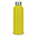A drink bottle in bright yellow with a silver lid, featuring a smooth, matte finish and a logo.