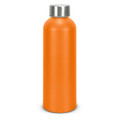 A drink bottle in vibrant orange with a silver screw-top lid. It features a branded logo.