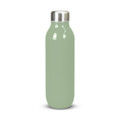 A drink bottle in a soft green colour with a stainless steel lid and a sleek, streamlined design.