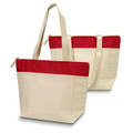 A cotton tote with a cream body and red accents, featuring two sturdy handles and a zippered closure.