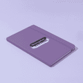 A purple A5 notebook with a logo on the cover, featuring a matching elastic band closure.