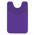 A purple phone wallet with a two-pocket design, featuring a logo on the front.