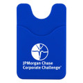 A blue phone wallet with a textured finish and a slot for cards, featuring a logo on the front.