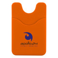 An orange phone wallet with a textured finish and a logo in the centre.