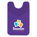 A purple phone wallet featuring a pocket design and a logo at the bottom.
