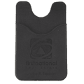 A black phone wallet featuring a curved top and an embossed logo. Ideal for holding cards and cash.