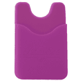 A purple wallet designed to hold a phone, featuring a slot for cards, with a logo embossed on the surface.