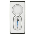 A silver keychain in a box, featuring a branding logo and a sleek design.