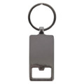 A rectangular silver keychain with a circular keyring attachment. It features a smooth, reflective surface.