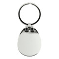 A silver keychain with a smooth, oval shape and a circular attachment ring. It features a logo.