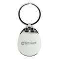 A silver keychain with a circular ring and an egg-shaped body, featuring a logo on one side.