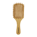 A bamboo hairbrush with a flat paddle design and rounded wooden bristles. Features a branding logo on the handle.