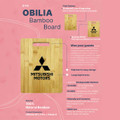 A bamboo chopping board featuring a handle, natural colour, and a logo. Includes information on material and dimensions.