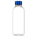 A drink bottle made of clear Tritan material with a blue screw-on lid. It has a sleek, modern design.