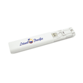 A white charging cable kit with a built-in holder and a logo.