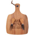 Acacia cheeseboard in a wood finish with two cheese knives, featuring a logo on the surface.