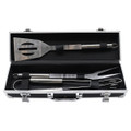 A stainless steel BBQ tool set including a spatula, fork, and tongs, housed in a black deluxe case with a handle.