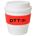A drink bottle styled in white with a red silicone band and a logo on the surface.