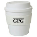 A drink bottle in white with a matching lid and a black logo, featuring an insulated grip band.