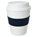 A drink bottle featuring a large white cup with a black silicone sleeve and a lid.