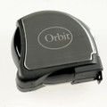 A tape measure with a black casing and a silver top, featuring a logo.