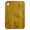 A large bamboo cutting board with a round hole, featuring a logo in the centre. The board has a natural wood finish.