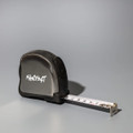 A black tape measure with a retractable white measuring tape and a logo on the side.