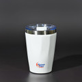 A drink bottle in white with a stainless steel bottom and a clear lid, featuring a logo on the exterior.