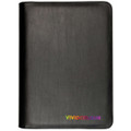 A black zippered compendium with a textured surface and a subtle branding logo at the bottom.