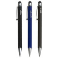 Three stylus pens in black, blue, and grey, each featuring a branding logo and a metal clip.