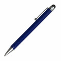 A blue stylus pen with a silver clip and tip, featuring a smooth rectangular body and a black stylus tip.