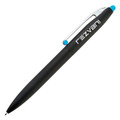 A black pen with a silver clip and a turquoise accent, featuring a logo on the barrel.