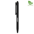 A black stylus pen with a clip and a logo, designed for writing and touch screen use.