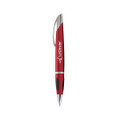 A red pen with a shiny silver clip and black rubber grip, featuring a logo on the side.